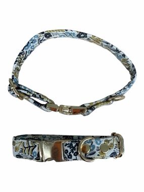 Floral Pattern Blue & Gold Dog Collar - Decorative Pet Collar